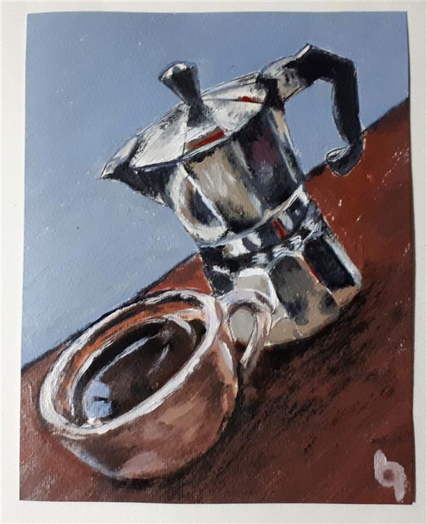 Painting Artwork by Saeed Eskandari  ,Cardboard,Impressionism,Acrylic,#D73127,#595A5B,#438C97,Paint,Coffee