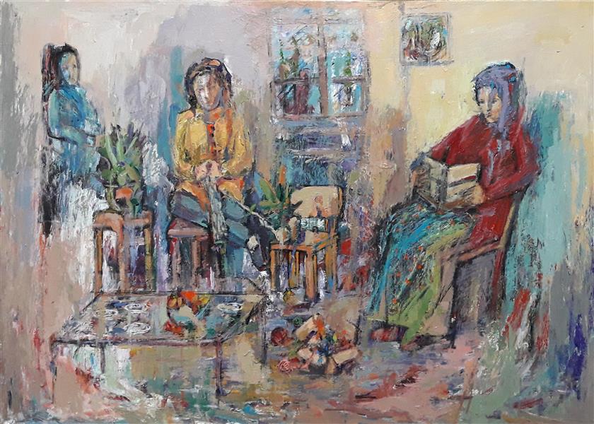 Painting Artwork by Zahra Bagheri  ,Acrylic,Canvas,Expressionism,#D73127,#438C97,#FBE854,Home,House,Women,Window