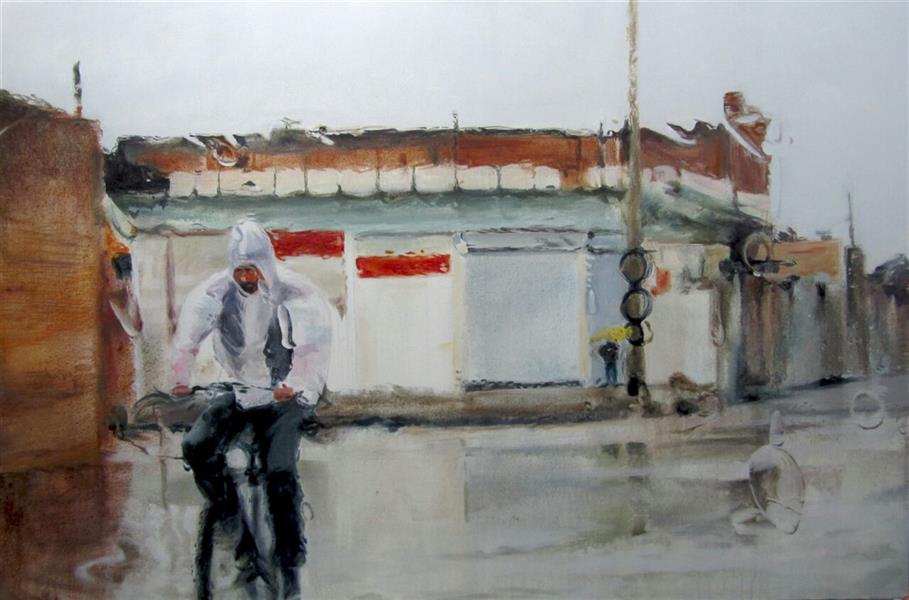 Painting Artwork by Mahdi Mehrara From the collection "It was raining" ,Paint,Acrylic,#D73127,#FBE854,#DFDFDF,#595A5B,Canvas,Men,Street,Umbrella
Rain,Realism,#DFDFDF,
Bike,#FFF