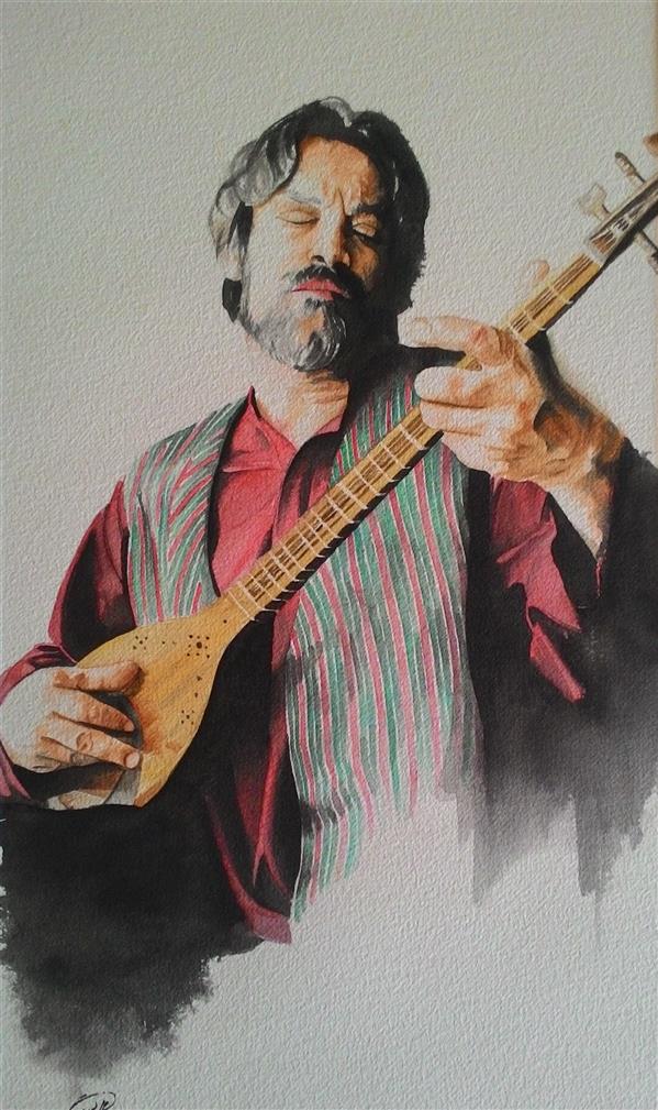 Painting Artwork by Hamed 
Selected at the Fabriano Festival in Italy ,Watercolor,Realism,Music,#388540,#D73127,#FFC749,#595A5B,#DFDFDF,Men,Cardboard,Alizadeh,Portrait