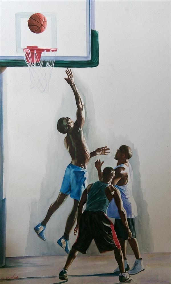Painting Artwork by Hamed  ,Paint,Watercolor,Realism,People,Men,Cardboard,#595A5B,#438C97,#D73127,#F1572C,#F7923A,#DFDFDF,
Sport,Basketball,Sports