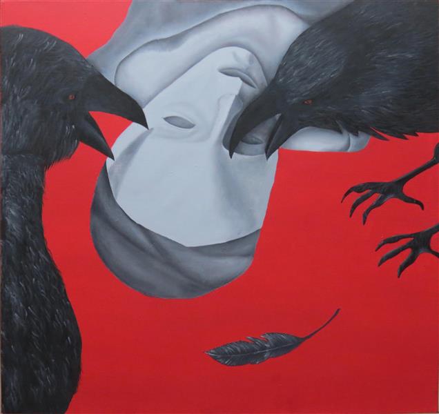 Painting Artwork by Fatemeh kalhor  ,Acrylic,Oil,
Symbolism,Paint,Conceptual,Women,
Crow,#D73127,#595A5B,Canvas,,#DFDFDF