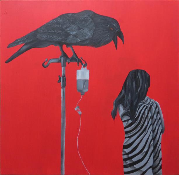 Painting Artwork by Fatemeh kalhor  ,Acrylic,Oil,
Symbolism,Paint,Conceptual,Women,
Crow,#D73127,#595A5B,Canvas,,#DFDFDF