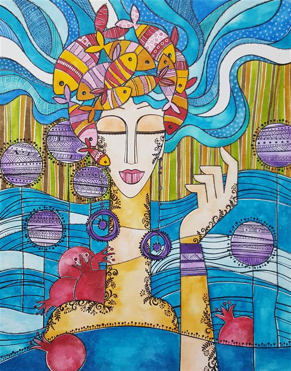 Drawing Artwork by Hanieh Maleki  ,Ballpoint Pen,Ecoline,Fish,Sea,#435EA9,#438C97,#D73127,#F1572C,#F7923A,#FFC749,Cardboard,#6C479C,#642B7F,Women,IllustrationPomegranate
