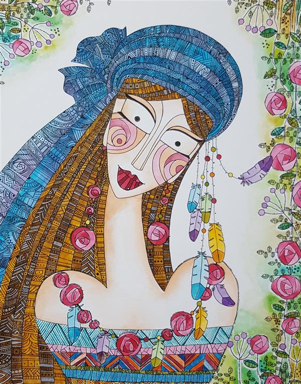Drawing Artwork by Hanieh Maleki  ,#DFDFDF,#D73127,#B82C83,#F1572C,#F7923A,#388540,#438C97,#435EA9,#FFC749,#BCCC46,Cardboard,Ballpoint Pen,Illustration,Floral,Women,Ecoline