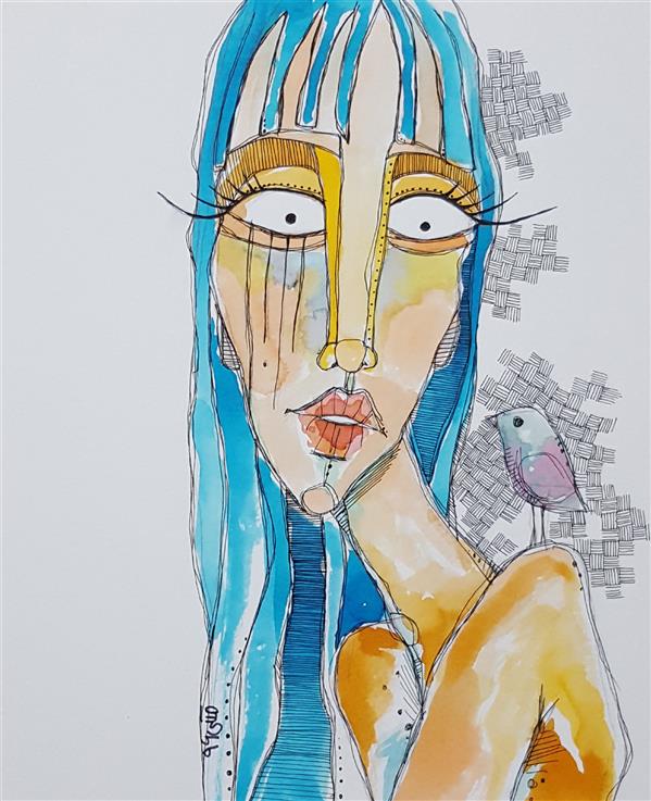 Drawing Artwork by Hanieh Maleki  ,#438C97,#FBE854,#B82C83,#595A5B,#FFF,Ecoline,Ballpoint Pen,Cardboard,Illustration,Figurative,People,Women,Bird,Hair
