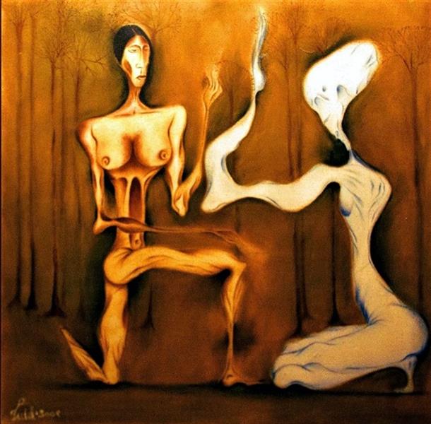 Painting Artwork by seyed mehdi kamyab sharifi Adam and Eve ,#F7923A,#FFC749,#FFF,People,Nude,Figurative,Surrealism,Fine Art,Women,Oil,Paint,Canvas,Body,Tree