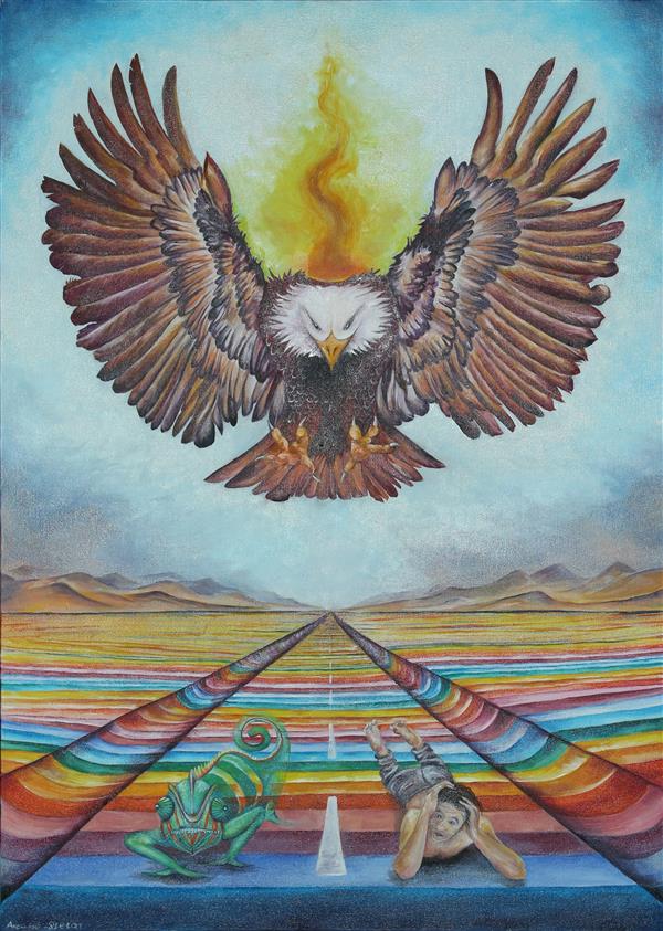 Painting Artwork by Armin Mokhtari  ,Oil,Canvas,Camouflage,Eagle,Fire,Surrealism