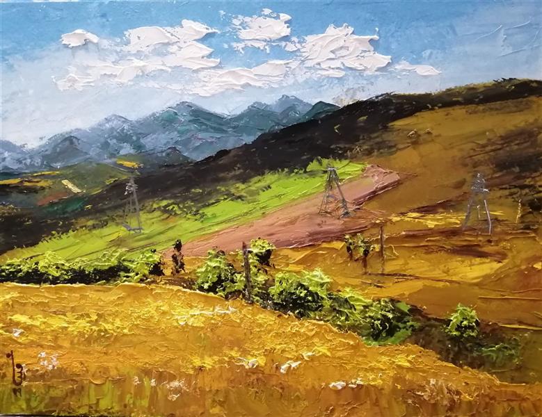 Painting Artwork by Mina Bakhtiari  ,Oil,Impressionism,Nature,Paint,Canvas,Spatula,#F7923A,#FBE854,#BCCC46,#FFC749,#438C97,#FFF,#595A5B,Tree,cloud,
Plain,Landscape
