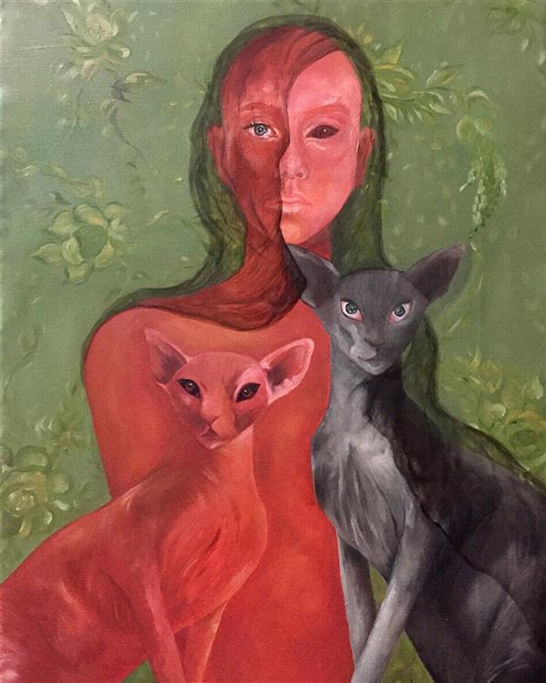 Painting Artwork by Azadeh Mirhosseini  ,Oil,Canvas,#D73127,#BCCC46,#388540,#DFDFDF,#595A5B,Cats,Animal,Women,Portrait,Portraiture,Paint