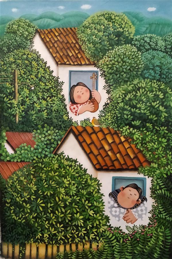 Painting Artwork by Hamid Shateri Size with frame size 68x97 ,Canvas,Illustration,Acrylic,People,Love,Portrait,Women,Family,Garden,Tree,Music,#388540,#438C97,#FFF,#F1572C,Kids