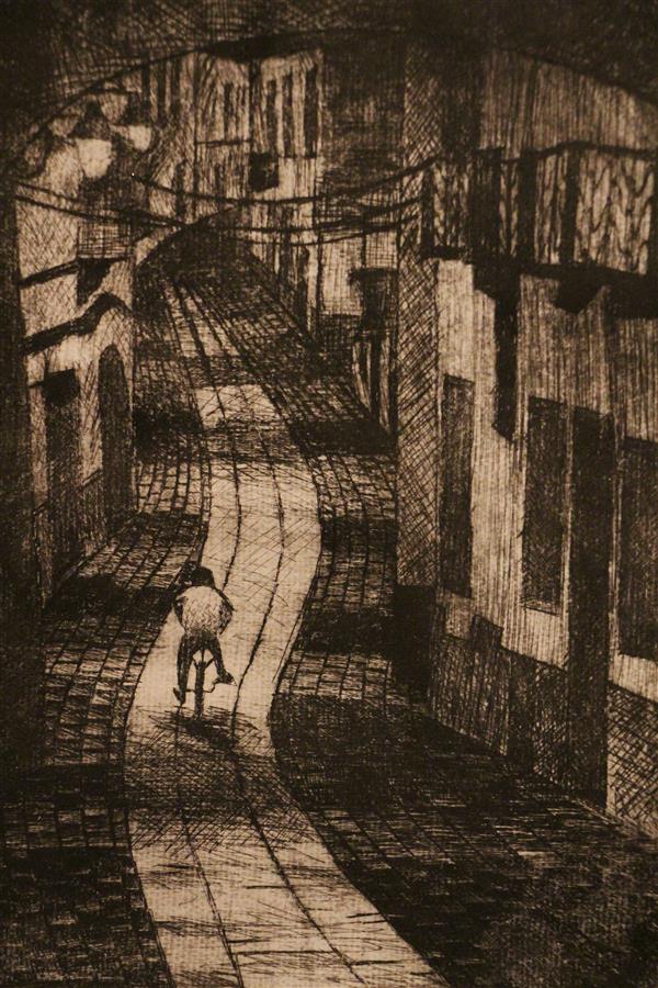 Print Artwork by Behnaz Ebarhimi  ,Etching,Bicycle,Children,Kids,Architecture,Culture,Road,#595A5B,#FFF,Cardboard,Realism