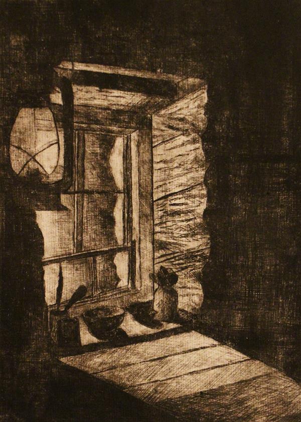 Print Artwork by Behnaz Ebarhimi  ,Etching,#595A5B,#FFF,Window,Light,Paper,Realism