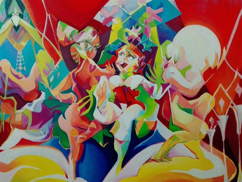 Painting Artwork by Hosein Esmaeili  ,Oil,Paint,Modern,Fine Art,Cubism,Illustration,Women,Body,Erotic,Love,Fantasy,Canvas,#642B7F,#B82C83,#6C479C,#D73127,#F1572C,#FBE854,#BCCC46,#438C97,#388540,#FFC749,#435EA9,#F7923A,#FFF