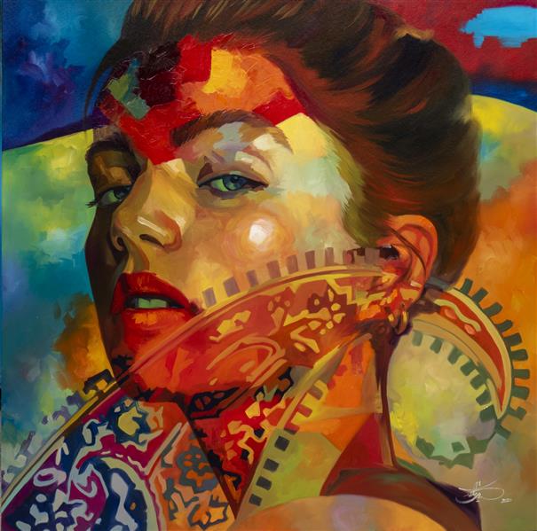 Painting Artwork by Mohsan Kianzadeh  ,Canvas,Oil,Figurative,Portraiture,Culture,Women,#435EA9,#438C97,#388540,#BCCC46,#FBE854,#F7923A,#F1572C,#D73127,#B82C83,#642B7F,#6C479C,#595A5B