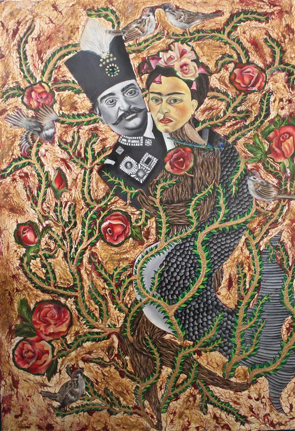 Painting Artwork by Reyhaneh Raeisi  ,Fine Art,Modern,Mixed media,Frida Kahlo,Floral,Love,#F1572C,#D73127,#FFC749,#FBE854,#BCCC46,#388540,#438C97,#595A5B,Canvas