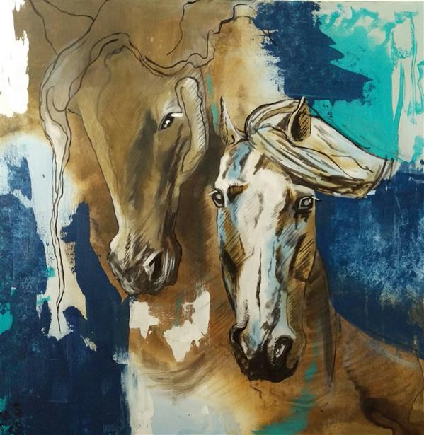 Painting Artwork by Yasman Ghandi  ,Canvas,Acrylic,#435EA9,#438C97,#FFF,Modern,Animal,Horse,Paint