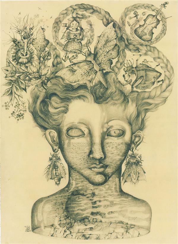 Drawing Artwork by Mamak Razmgir  ,Paper,Pencil,Surrealism,Conceptual,Portrait,#595A5B,Women