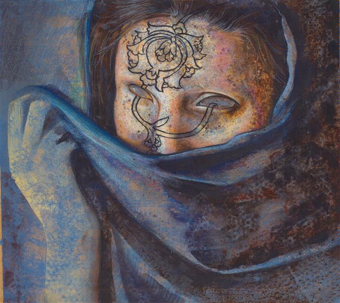 Painting Artwork by Asal Alikhani  ,Cardboard,Paint,Conceptual,Women,Culture,Portraiture,Portrait,#435EA9,#438C97Mixedmedia