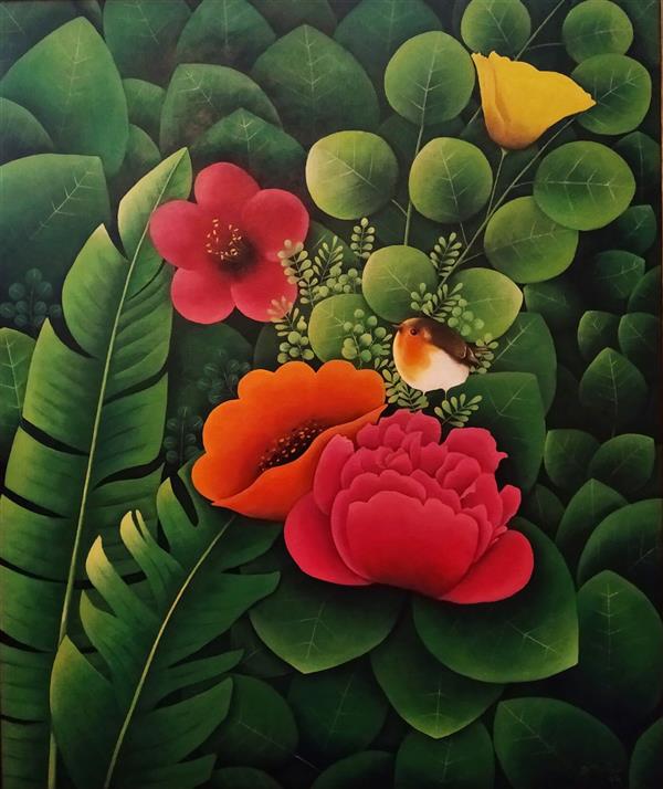 Painting Artwork by Saeedeh Shariatifard  ,Canvas,Acrylic,Illustration,Garden,Tree,Floral,Nature,#BCCC46,#388540,#F1572C,#F7923A,#D73127,#FFF,#FBE854
