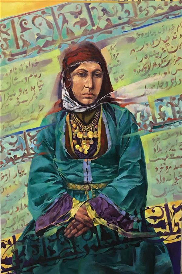 Painting Artwork by Elham Abdolhosein Poor  ,Canvas,Oil,Paint,#BCCC46,#388540,#FBE854,#FFC749,#6C479C,#642B7F,Portraiture,Women,Portrait,Culture