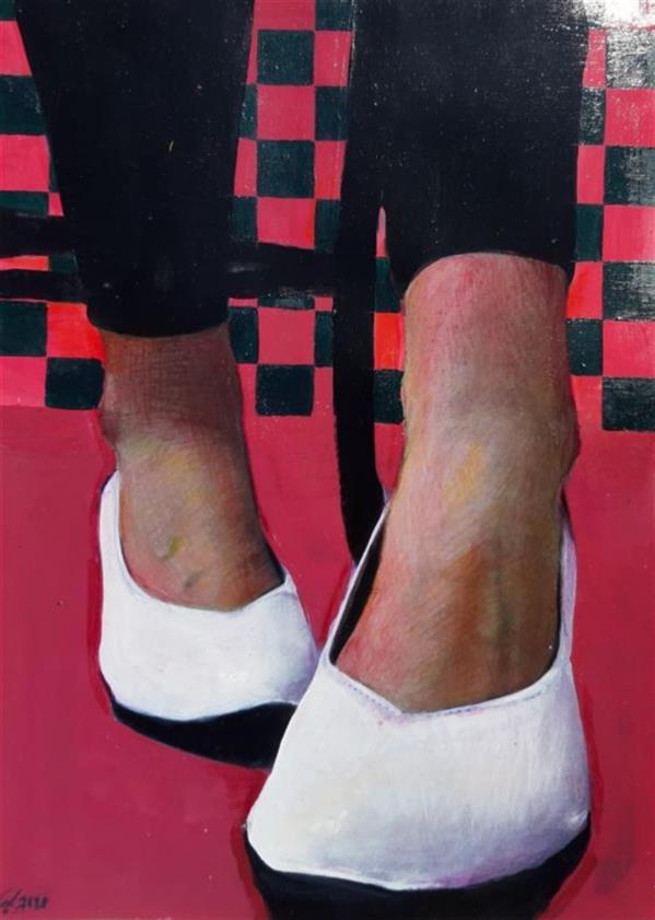Painting Artwork by Narges Pakmanesh  ,Cardboard,Paint,#D73127,#595A5B,#FFF,
shoe,Leg,Realism