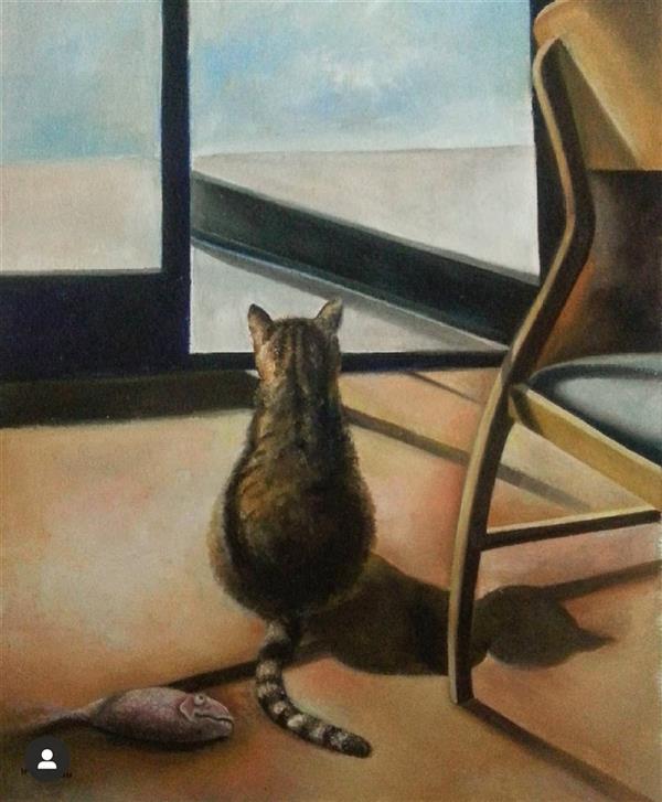 Painting Artwork by Somaye Sariri  Oil,Canvas,Cat,Fish
