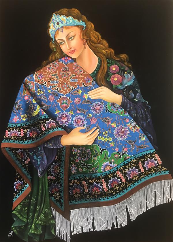 Painting Artwork by Farzan Goodarzi  ,Oil,Soft (Yarn-Cotton-Fabric),Suede,miniator,#F1572C,#642B7F,#BCCC46,#595A5B,#FBE854,#438C97,#435EA9,#F7923A,Women,carpet,Folk,Figurative