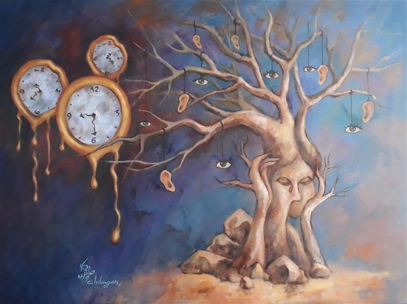 Painting Artwork by Maryam Chalangar  ,#F7923A,#438C97,#FFC749,Oil,Surrealism,Canvas,Conceptual,#DFDFDF,Tree,Women,Figurative,Eye,Clocks,Ear,