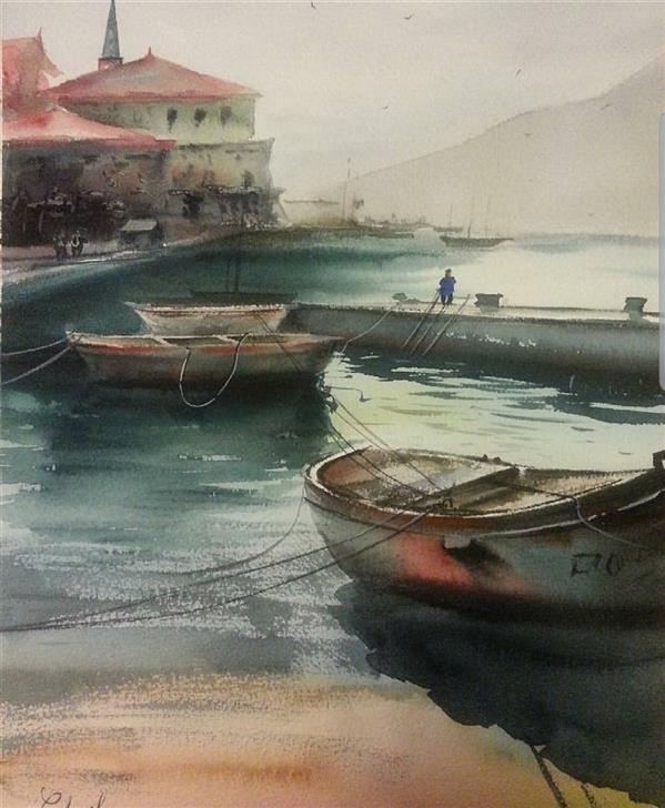 Painting Artwork by Golnoosh Khosravi  ,Watercolor,Beach,Boat,Water,Cardboard,#435EA9,#438C97,#D73127,Realism