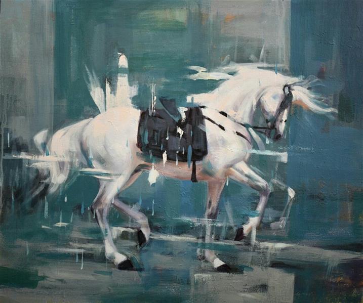 Painting Artwork by Mohammad Enayatifar  ,Acrylic,Canvas,#FFF,#438C97,#595A5B,#DFDFDF,Horse,Expressionism,Paint,Animal