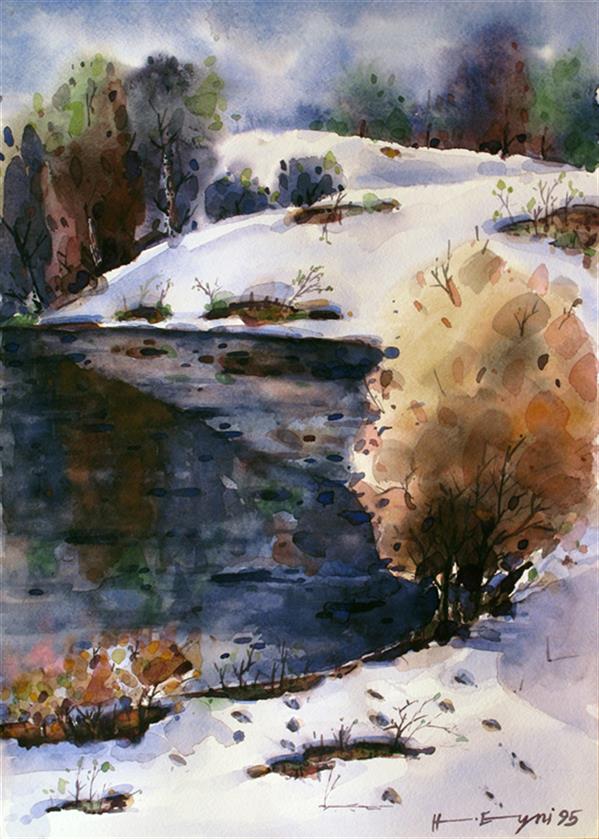 Painting Artwork by Hojjatullah Aini  ,Watercolor,Paint,Realism,Tree,Garden,Lake,Cardboard,Water,Snow,#435EA9,#388540,#FBE854,#F7923A,#FFF,#DFDFDF