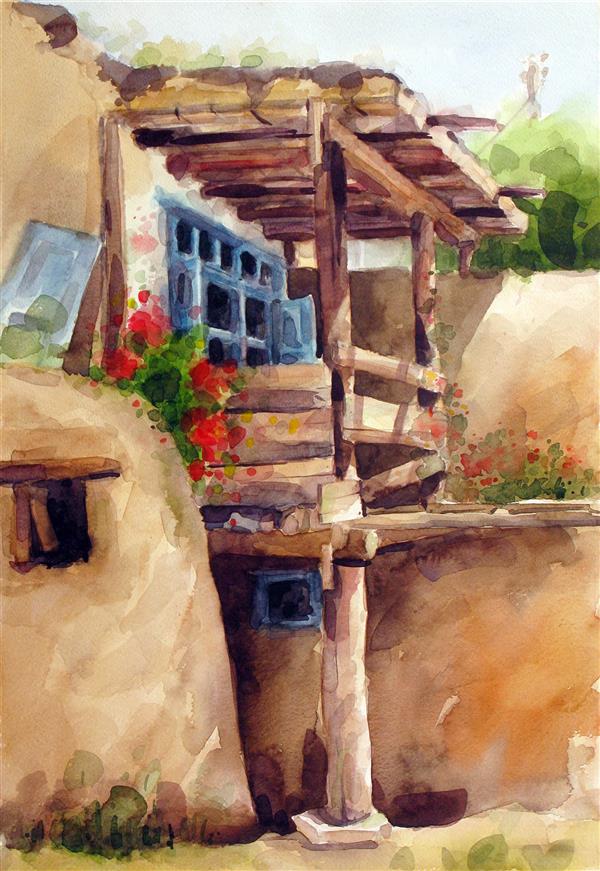 Painting Artwork by Hojjatullah Aini  ,#388540,#BCCC46,#435EA9,#438C97,#D73127,#FFF,Cardboard,Places,Realism,Watercolor,Floral