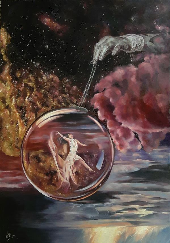 Painting Artwork by Zahra Atash  ,Oil,Canvas,Surrealism,Globe,#595A5B,#D73127,#FFC749,Women,Dance,God