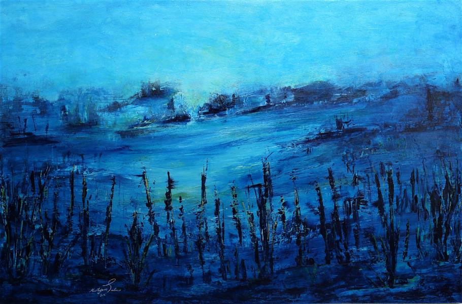 Painting Artwork by Maryam Salman  ,#435EA9,#595A5B,Canvas,Acrylic,Fine Art,Modern,Expressionism,Abstract Expressionism,Water,Swamp