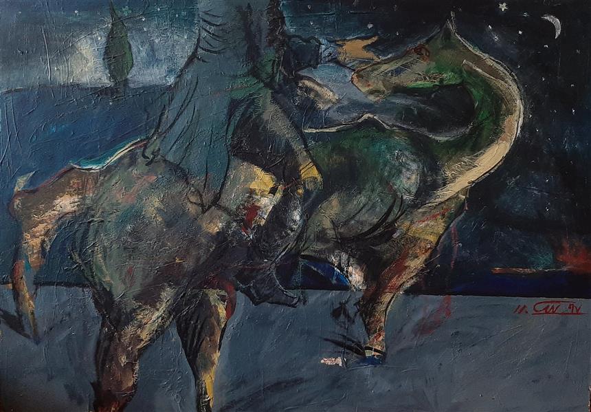 Painting Artwork by Sajad Alizadeh  ,Acrylic,Canvas,Expressionism,Horse,Men,Night,Fine Art,#F7923A,#435EA9,#438C97,#595A5B,#388540,Mixed media