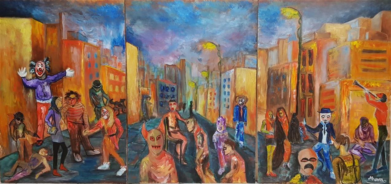 Painting Artwork by Ahoura Hashemi  ,#F7923A,#438C97,#FFC749,#435EA9,Canvas,Acrylic,Fine Art,People,Architecture,Road,Way
