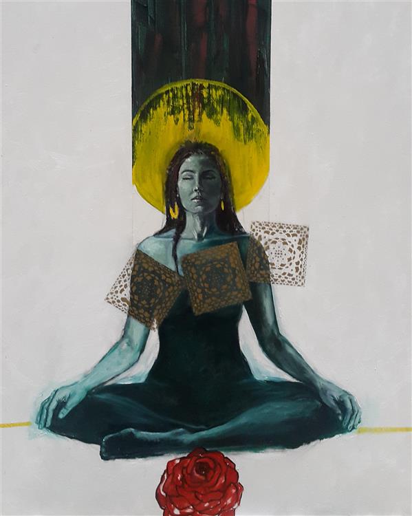 Painting Artwork by Vida Karimi Mirabadi  ,Oil,Canvas,Women,Humor,#FBE854,#595A5B,#D73127,#DFDFDF,Yoga,meditation,Modern,Expressionism,Conceptual