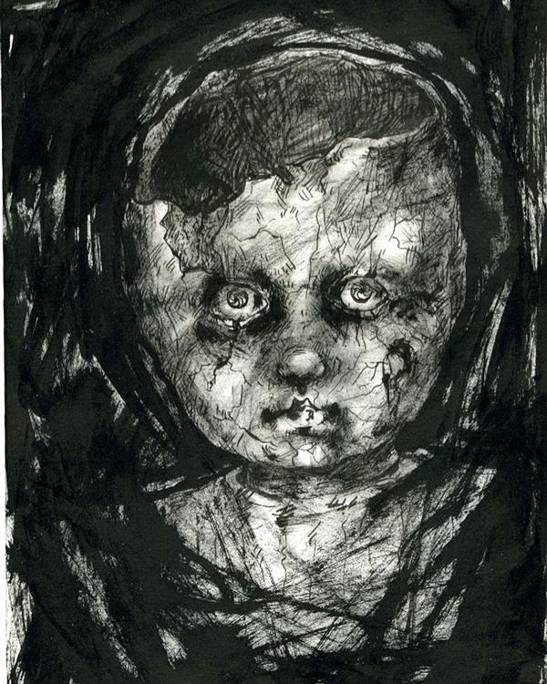 Drawing Artwork by Donya Delshadian Dolls ,#595A5B,#FFF,Cardboard,Ink,Ballpoint Pen,Surrealism,Modern,Kids,Horror,Doll