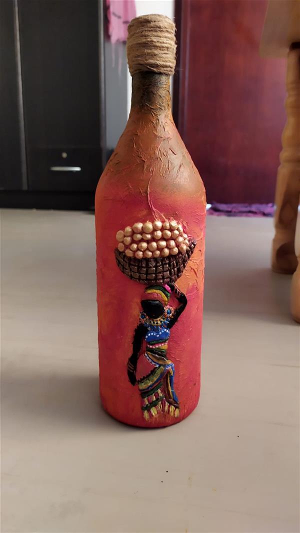 Sculpture Artwork by priyadevaki glass bottle,kitchen towel,acrilic paint,air dry clay,white glue,jute thread