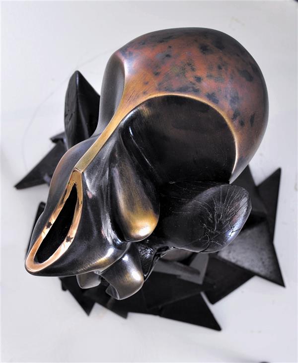 Sculpture Artwork by Seena Nayeri Unshielded_desire series. ,Bronze,Wood,Iron,peachwood,#595A5B,#FFC749,Conceptual,Surrealism,Men,Portrait