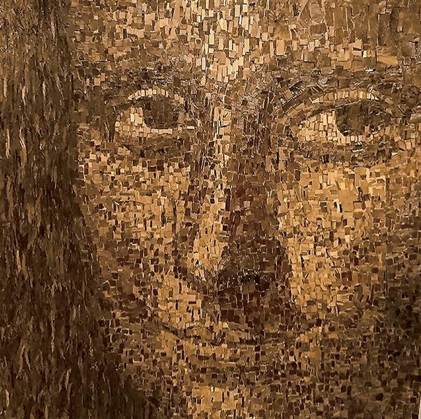 Sculpture Artwork by Parvin Fatahizadeh Collage with wood chips ,Woodcut,Mona lisa,Collage,#FFC749,#F7923A,Wood,Portrait,Expressionism