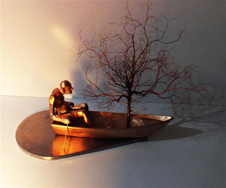 Sculpture Artwork by Keyvan Beyranvand  ,Bronze,Figurative,Tree,Boat,Men,Life,#F7923A