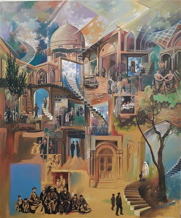 Painting Artwork by Buzhan Rahimi  ,Canvas,Oil,#FFF,#595A5B,#DFDFDF,#F7923A,#435EA9,#FFC749,#388540,#438C97,#BCCC46,#FBE854,#F1572C,#D73127,#B82C83,#642B7F,#6C479C,People,Popular culture,Culture,Places,Tree,Family,Children,Men,Women,Figurative,Folk