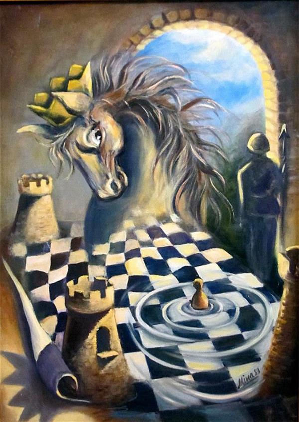 Painting Artwork by Mina Hasanzadeh  ,Canvas,Oil,Surrealism,#435EA9,#438C97,#FBE854,#FFF,#595A5B,Animal,Paint,
Horse,
Chess,
Soldier